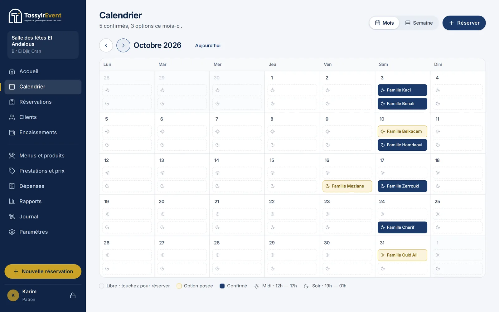 Le calendrier de Tassyir Event : chaque jour coupé en midi et soir, avec les dates confirmées et les options